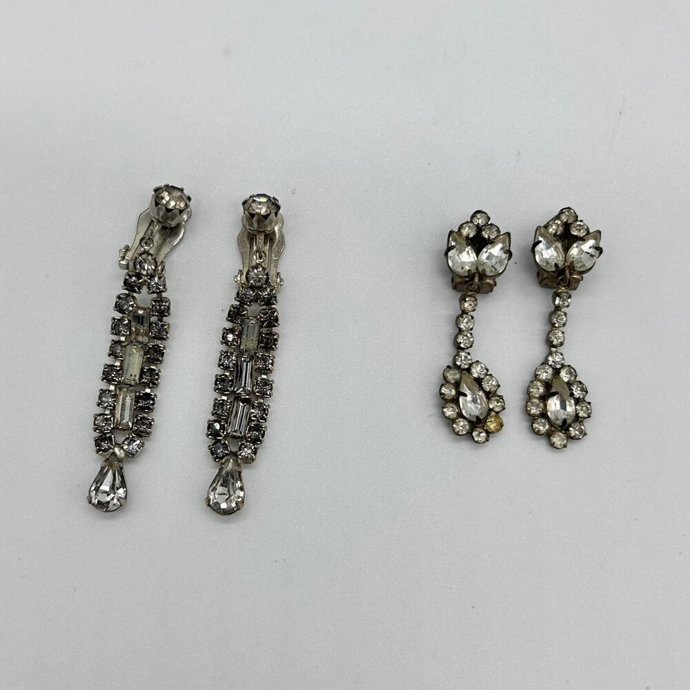 Vintage Clip On Earrings Lot Art Deco Silver Tone Rhinestone Victorian Jewelry